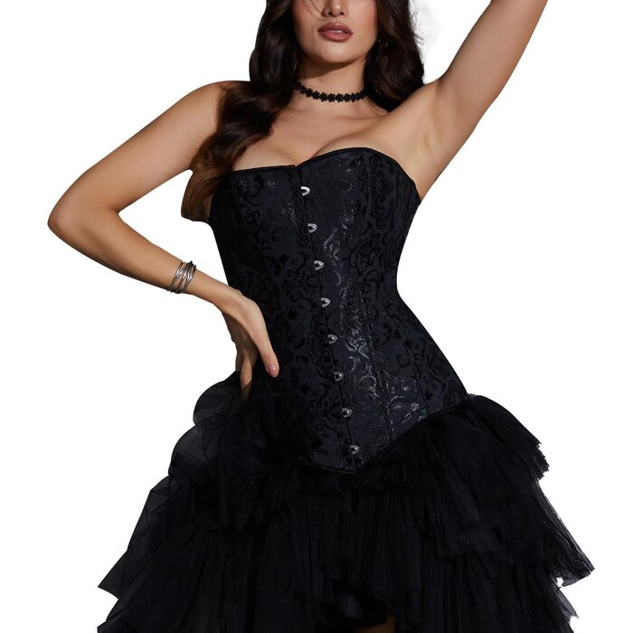 Корсет жіночий Miss Moly вінтажний, повний бюст, класичні кольори, мереживо, бант, з принтом G-string, чорний