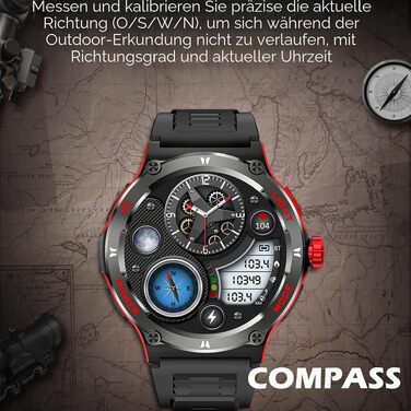 Смарт-годинник findtime Military Edition: водонепроникний тактичний годинник з компасом, LED-ліхтариком та функцією дзвінків, моніторинг пульсу 24г, для Android та iOS (Червоний)