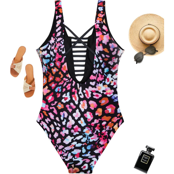 Світшотний купальник Aqua Eve для жінок з глибоким V-подібним вирізом та вирізами, неонове леопардове забарвлення (XL)