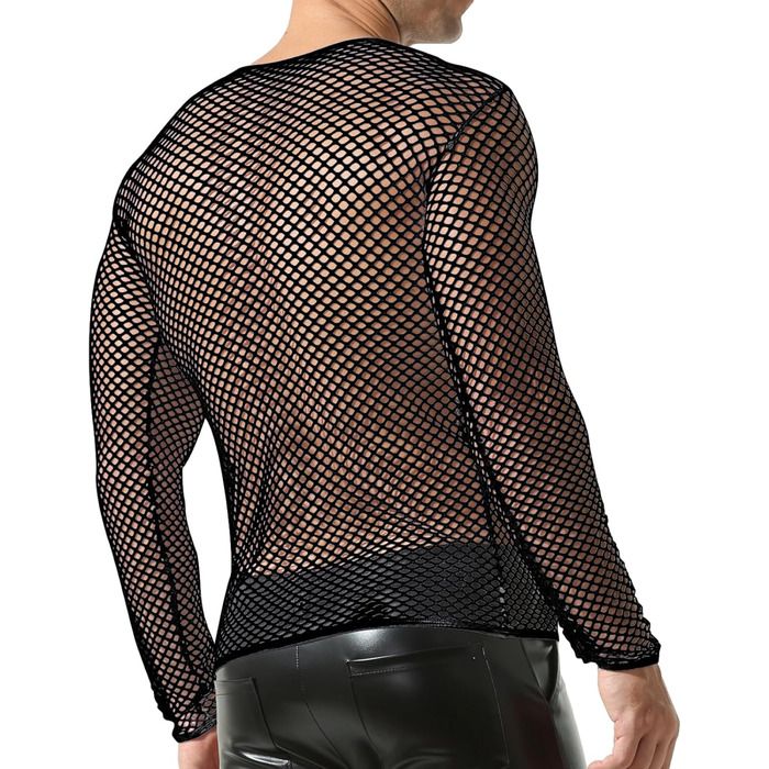 Чоловіча сітчаста футболка QiaTi з довгим рукавом, прозора, мереживна, чорна