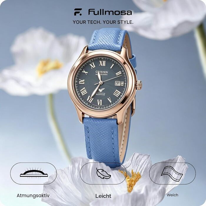 Ремінець Fullmosa зі шкіри для Garmin Vivoactive 6/5/4, Venu SQ та Samsung Galaxy Watch 7/6/5/4/FE/Classic (18мм, світло-блакитний з рожево-золотистим замком)