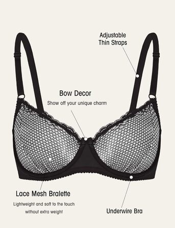 Чорний мереживний балконетний бюстгальтер Wingslove 85B з кісточками, м'який, з сіткою, без вставок