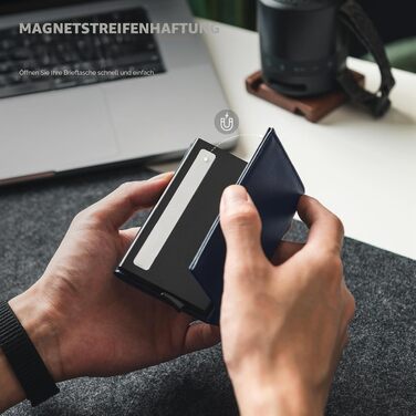 Шкіряний чоловічий картхолдер VULKIT з Pop-up механізмом, RFID-захистом, відділенням для купюр та вікном для ID, синій (Top-grain Cowhide)