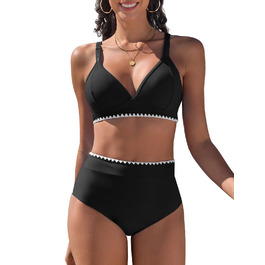 Бікіні жіночий комплект з V-подібним вирізом, двочастинний, з пуш-ап, висока талія, купальник сексуальний з білою мереживом, чорний, розмір S