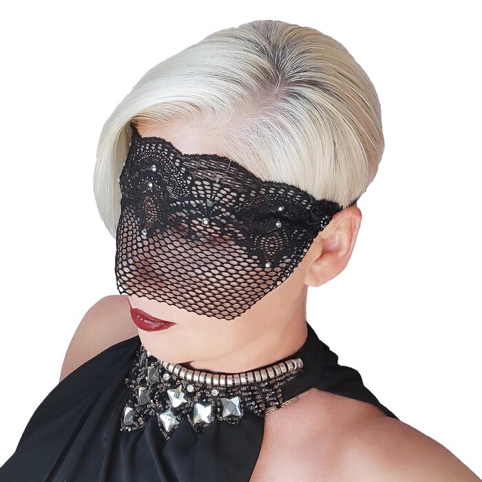 Чорна мереживна півмаска для жінок з червоними стразами – венеціанська маска для маскараду, карнавалу, весілля, вечірки, косплею, бурлеску та Марді Гра (Чорний (білі стрази))