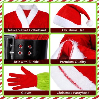 Костюм Діда Мороза Funtery для жінок, 5-ти частинний: сукня з поясом, шапка, смугасті панчохи, рукавички, жовтого та зеленого кольорів