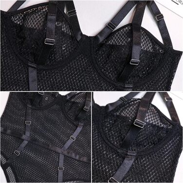 Комплект білизни SINROYEE: Боді-боди з мереживом та шкіряними вставками, пуш-ап бюстгальтер, чорний (S)