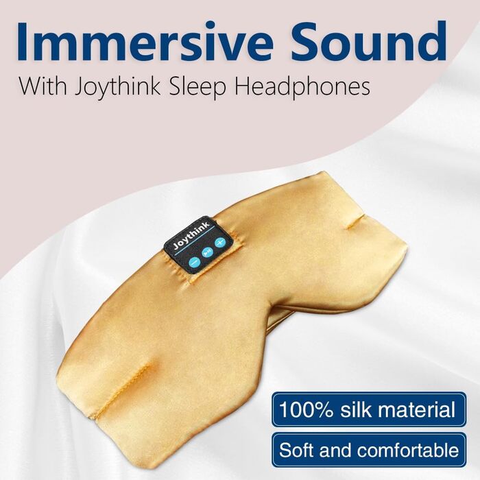 Шовкова маска для сну з Bluetooth-навушниками Joythink 5.3, бездротова маска для сну та медитації для тих, хто спить на боці, 16 годин роботи, миюча, колір шампань