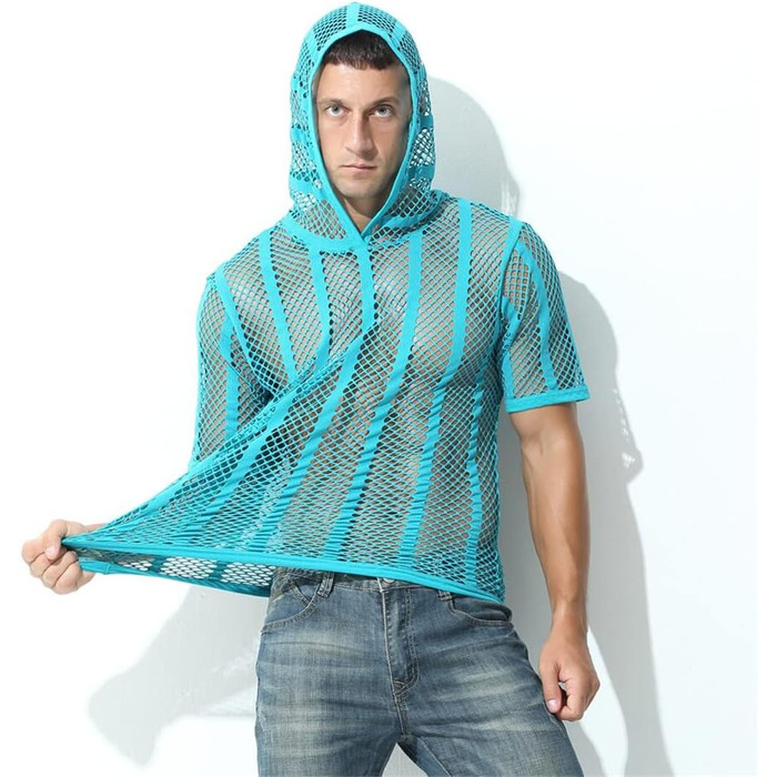Чоловіча футболка з сітки, прозора, з короткими рукавами та капюшоном, Streetwear, спортивна, чорна