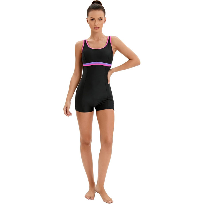 Спортивний купальник для жінок, цілісний, Racerback/U-Back, Body Shaping, чорний/рожевий, розмір 46