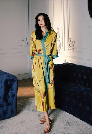 Жіночий халат з атласу, максі, довгий, шовковий кімоно, сукня з квітковим принтом, легкий халат, літня роба, піжама, для вечірок (універсальний розмір, жовтий)