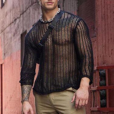 Чоловіча прозора сорочка з довгим рукавом, сітчаста майка, прозоре Т-подібне топа, сексуальна сітка, клубний одяг, еротична білизна, модна блуза, повсякденне вбрання, світшот (XXL-Чорний)