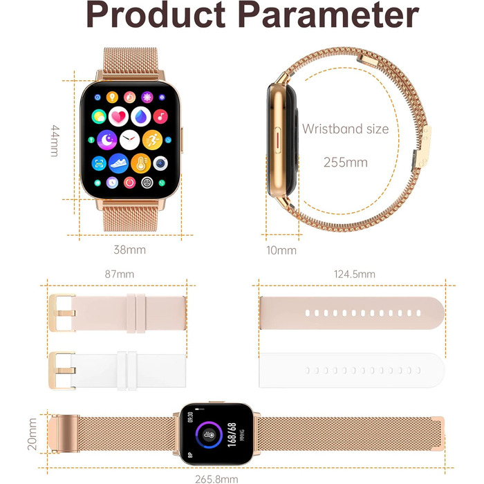 Смарт-годинник для жінок Rose Gold: фітнес-трекер з функцією дзвінків, моніторингом серцебиття, SpO2, сну та менструального циклу, екран 1.69