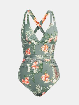 Купальник CUPSHE з V-подібним вирізом, корегуючими складками та глибоким вирізом на спині, одноцільний, оливковий/тропічний, для жінок