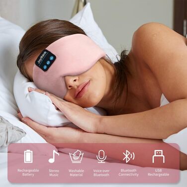 Шовкова маска для сну з Bluetooth-навушниками 5.3 Joythink, музична маска для сну для тих, хто спить на боці, 16 годин автономної роботи, миюча маска для подорожей, медитації та відпочинку, Рожева