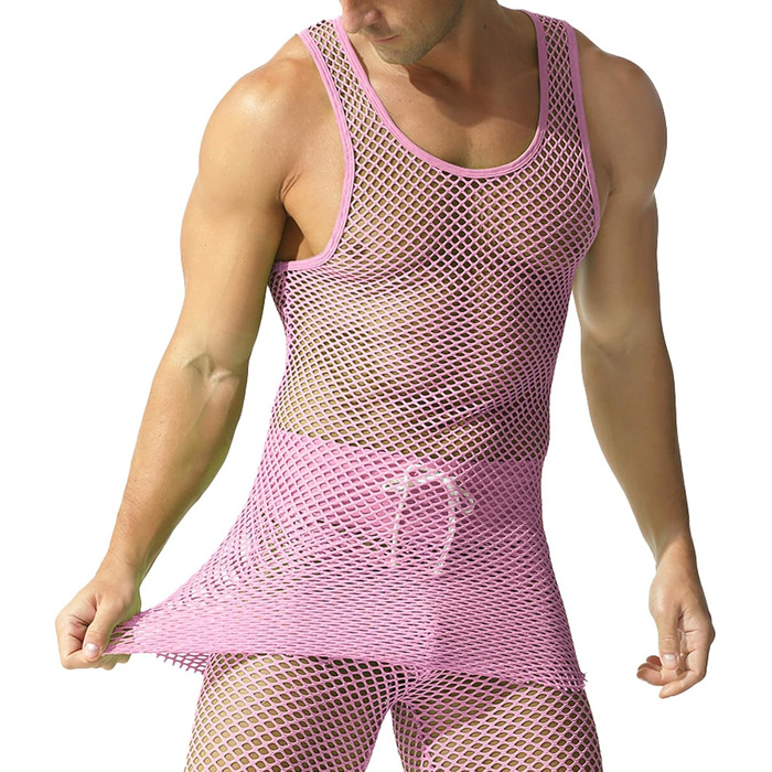Чоловіча сітчаста футболка QiaTi з прозорим дизайном, довга модель (XL, рожевий)