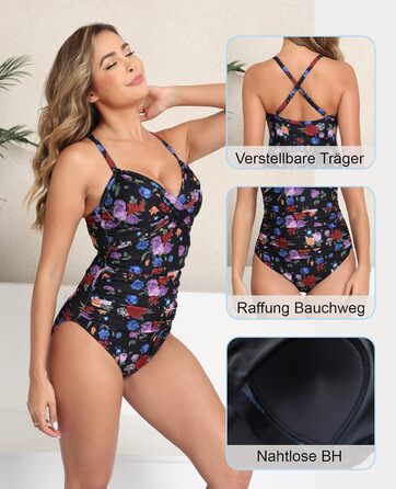 Чоловічий купальник Halcurt з животом, з чашками, з драпіруванням, суцільний, V-подібний виріз, чорний з квітковим принтом, розмір S