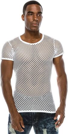 Чоловіча сітчаста футболка з прозорим дизайном, стильна, сексуальна, з короткими рукавами, для нічного клубу, вечірки, вуличної моди. Білий колір.
