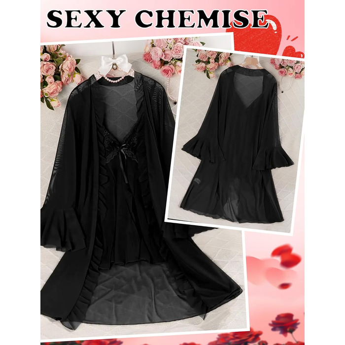 Жіночий комплект білизни AIEOE: мереживний халат-бандаж, нічна сорочка, babydoll, чорний