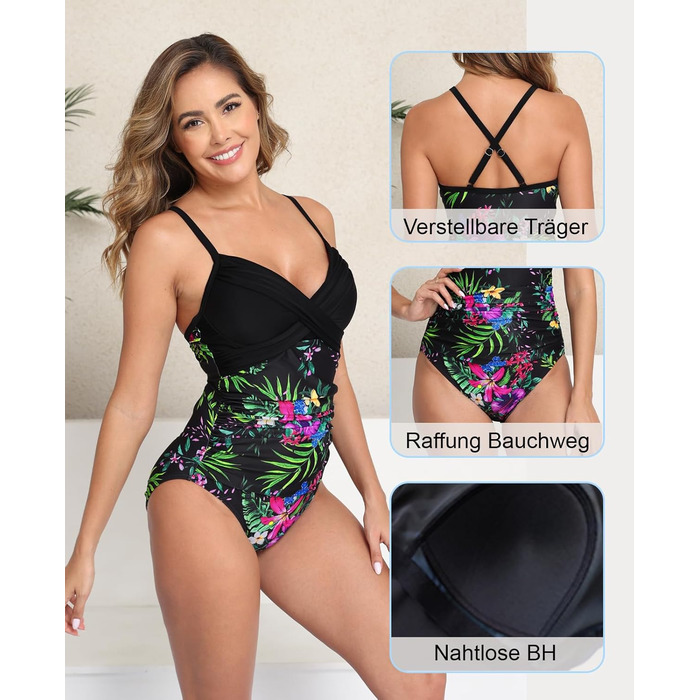 Купальник жіночий Halcurt з животом та чашками, роздільний, монокіні - XXL (чорний з квітковим малюнком)