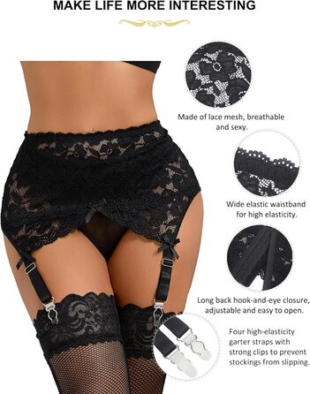 Сексуальний комплект спідньої білизни Ohyeahlady: широкий стрейчевий пояс-стрінг з мереживом, кліпсами та 4-ма стріжками. Великі розміри (3XL-4XL), чорний набір з пояса та панчіх.