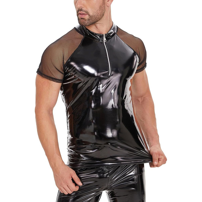 Чоловіча сексуальна футболка з екошкіри, батал, S-5XL, блискуча ПВХ шкіра, прозора сітка, блискучий латексний короткий піджак для чоловіків, чорний, 4XL