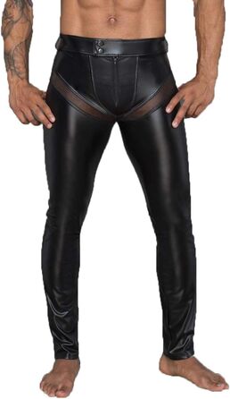 Чоловічі штани з еластичного матеріалу (wetlook) чорного кольору з сітчастими вставками та кишенями. Модель Gogo/Fetish.