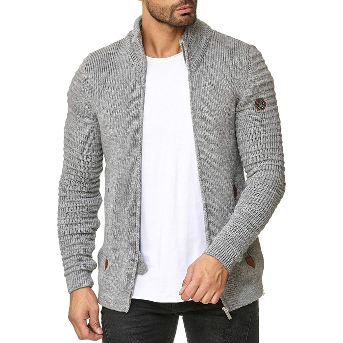 Чоловічий в’язаний кардиган Redbridge зі стійким коміром Basic Luxury, сірий, розмір XL