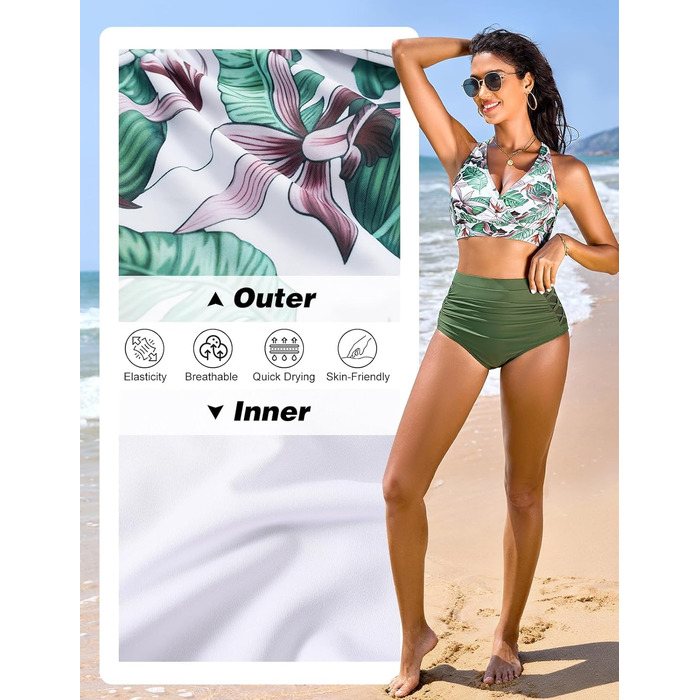 Бікіні жіноче CMTOP з високою талією, пуш-ап, двочастинний купальник, бавовняний, з принтом зеленого листя, розмір S