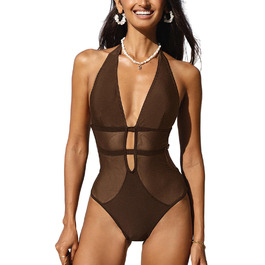 CUPSHE купальник з глибоким вирізом, на зав'язках, з сіткою, відкритий на спині, однотонний (колір: коричневий)