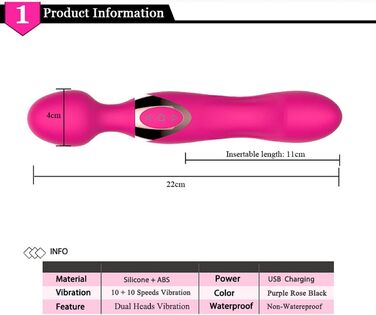 Масажний стрижень JFRong з силікону з двома головками, 10 режимів вібрації, масажер для жінок (клітора та G-точки), стимулятор з двома моторами, секс-іграшка для чоловіків, жінок, пар (рожевий)
