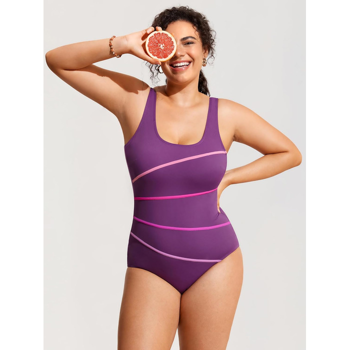 DELIMIRA купальник для жінок великих розмірів з животом, модельний, з V-подібним вирізом, смугастий (40, слива)