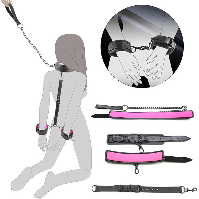 Набір BDSM 6-в-1: наручники, шлея для тіла, чокер, прічка, маска для очей. Набір для BDSM для пар (Чорний, Рожевий)