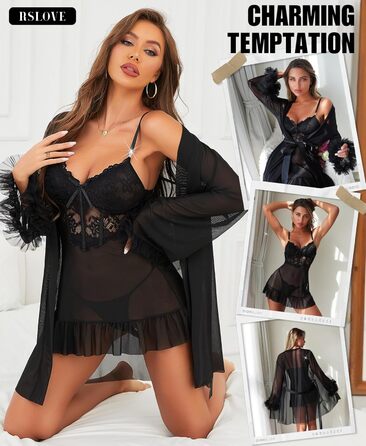 RSLOVE Комплект сексуальної білизни для жінок - мереживний комплект ніжної піжами, халат, 2-частинний неглиже, нічна сорочка, чорний M