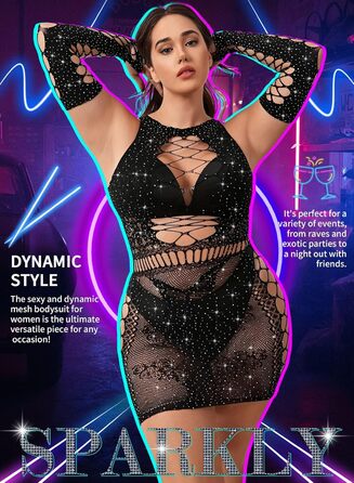 Елегантний жіночий комплект нижньої білизни Ella Lust: мереживний боді, сукня з паєтками та мереживні рукавички. Чорний, універсальний розмір.