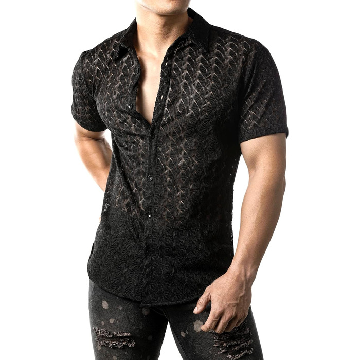 Чоловіча сорочка JOGAL з мереживом, чорна, літня, коротка, вільний крій