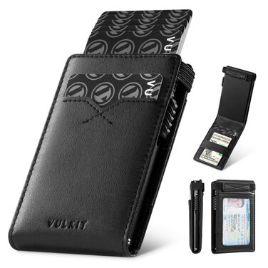 Стильний чоловічий картхолдер VULKIT з RFID-захистом, мінімалістичний тонкий гаманець з Pop-Up механізмом та вікном для ID-картки, на 8 карток, чорний