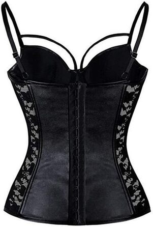 Корсет- бюстгальтер Чені в стилі стимпанк готичний з мережива та штучної шкіри, чорний, розмір S-6XL
