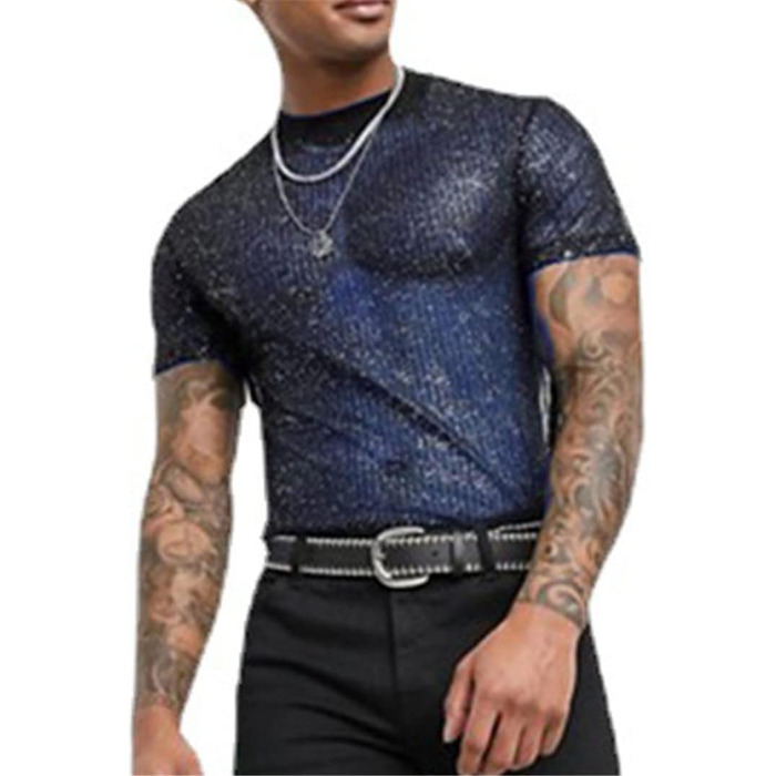 Чоловіча футболка з паєтками, мереживо, прозора, сексуальна, короткий рукав, топи, повсякденний стиль, прозора сорочка, топ Cub (L, Синій)
