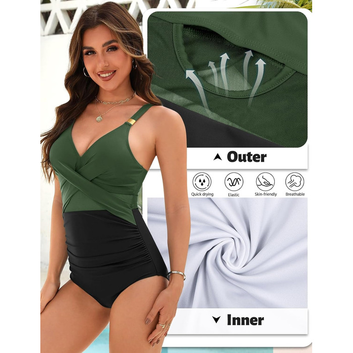 Спортивний купальник для жінок з ефектом корекції фігури, великі розміри, Push Up, висока талія, з чашками, Bademode, зелений та чорний, XXL