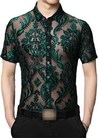 Чоловіча сорочка Yeuyyben з прозорою вставкою, літня, з коротким рукавом, дихаюча, для вечірок та клубів (XL, EN8)