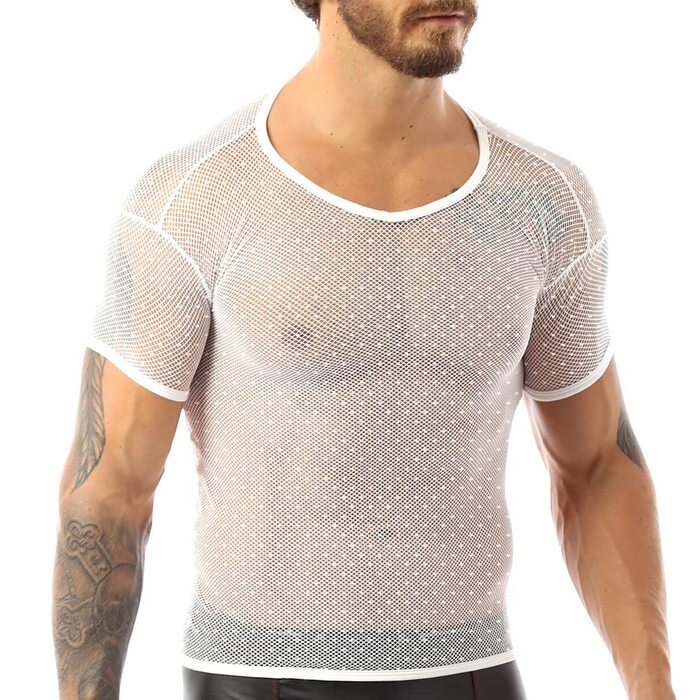 Чоловіча футболка з сітчастою тканини з короткими рукавами, спортивна, для м'язів (XL, білий)