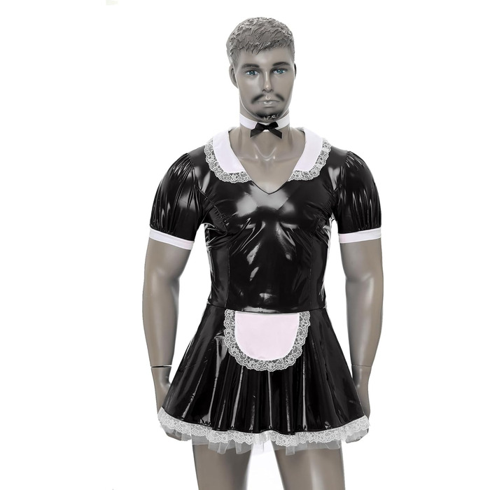 Костюм покоївки для чоловіків Inhzoy: лакове плаття, набір з комірцем, карнавал, Хелловін, косплей, 5XL, чорний