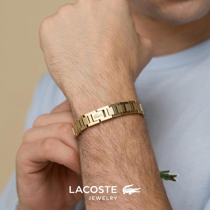 Шкіряний браслет Lacoste MetroPole з застібкою-карабіном та візерунком petit piqué, колір Yellow Gold (чоловічий)