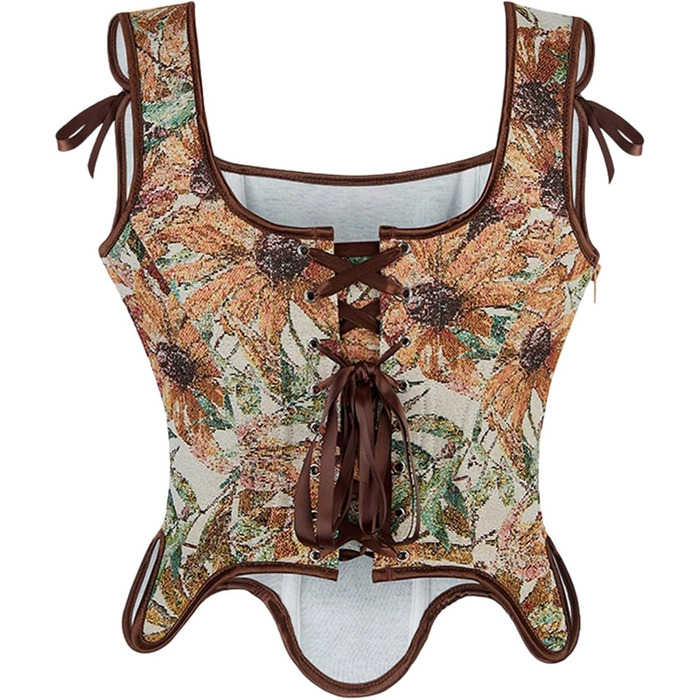 Корсет жіночий Vobrust, корсаж, корсет для Октоберфесту, готичний, вінтажний, бюстєль, корсет для сцени, жаккард, сатин, з кісточками, для Хелловіну, карнавалу, шнурування (кава, S)