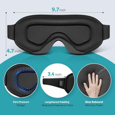 Маска для сну WAOAW з 3D-ефектом для жінок та чоловіків, світлоізолююча м'яка пов'язка на очі (чорна)