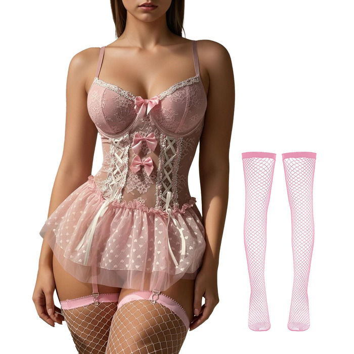 Комплект жіночої білизни FEOYA: мереживне боді, корсет, трусики, панчохи (рожевий, розмір L)