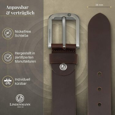 Шкіряний ремінь чоловічий LINDENMANN, коричневий, натуральна шкіра (Full Grain), ширина 33 мм, довжина 130 см (розмір XXL), для джинсів та повсякденного стилю