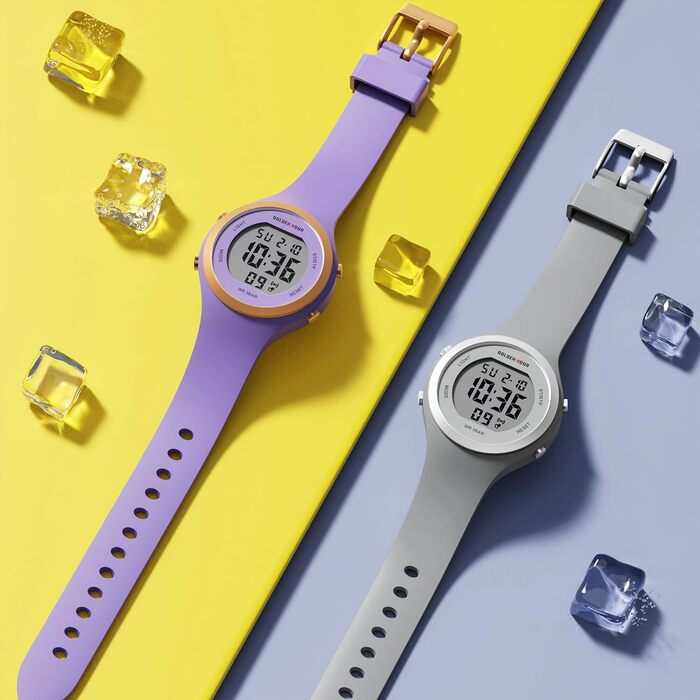 Жіночий спортивний годинник GOLDEN HOUR Digital Chronograph: водонепроникність 5ATM, силіконовий ремінець, з датою та підсвічуванням циферблата (Сірий)