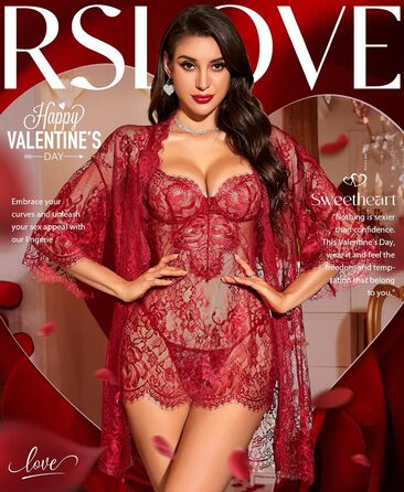 RSLOVE Комплект нижньої білизни для жінок: мереживний комплект з квітковим принтом, 3-частинний (Т-розріз), нічна сорочка, халат, розмір M, бордовий